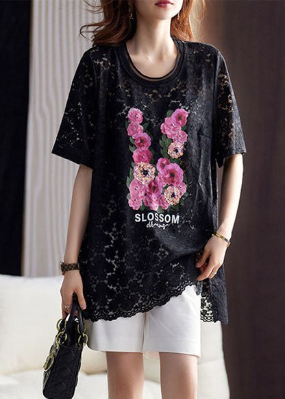 Beautiful Black O-Neck Print Hollow Out Lace Top Short Sleeve Ada Fashion