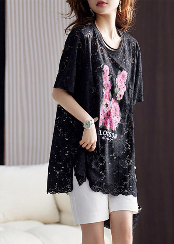 Beautiful Black O-Neck Print Hollow Out Lace Top Short Sleeve Ada Fashion