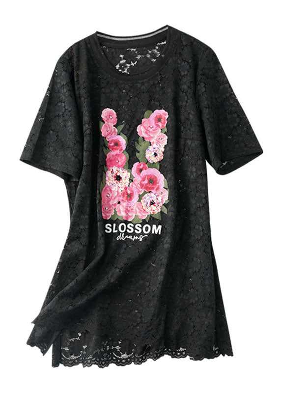 Beautiful Black O-Neck Print Hollow Out Lace Top Short Sleeve Ada Fashion