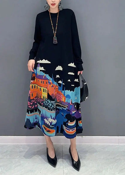 Beautiful Black O-Neck Print Knit Long Sweater Dresses Fall Ada Fashion