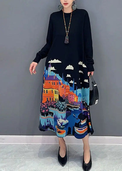 Beautiful Black O-Neck Print Knit Long Sweater Dresses Fall Ada Fashion