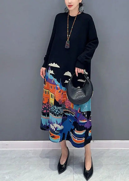 Beautiful Black O-Neck Print Knit Long Sweater Dresses Fall Ada Fashion