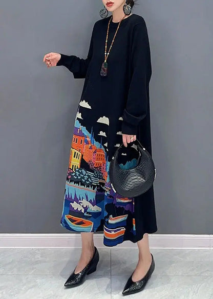 Beautiful Black O-Neck Print Knit Long Sweater Dresses Fall Ada Fashion