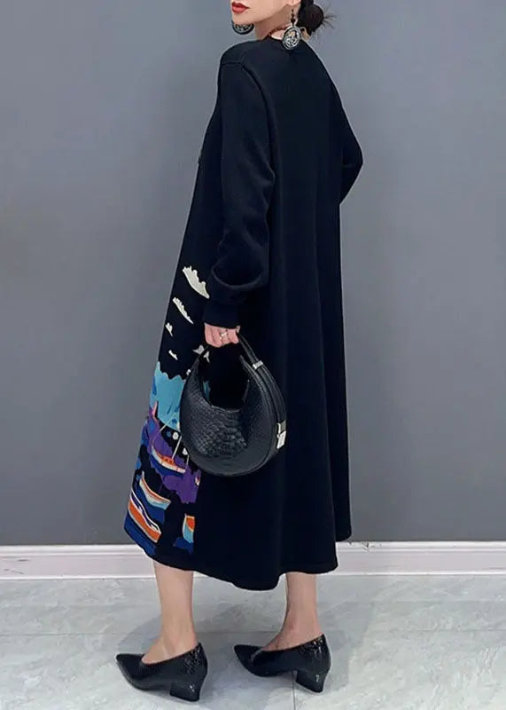 Beautiful Black O-Neck Print Knit Long Sweater Dresses Fall Ada Fashion