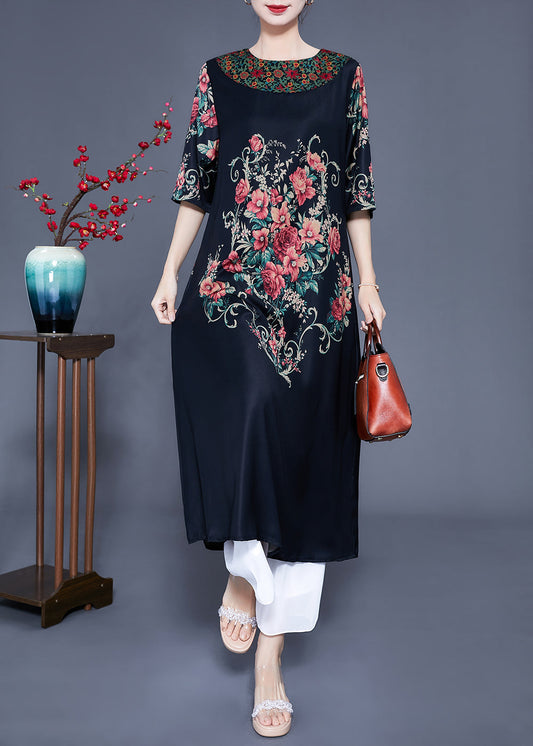 Beautiful Black O-Neck Print Silk Holiday Dress Half Sleeve LY0933 - fabuloryshop