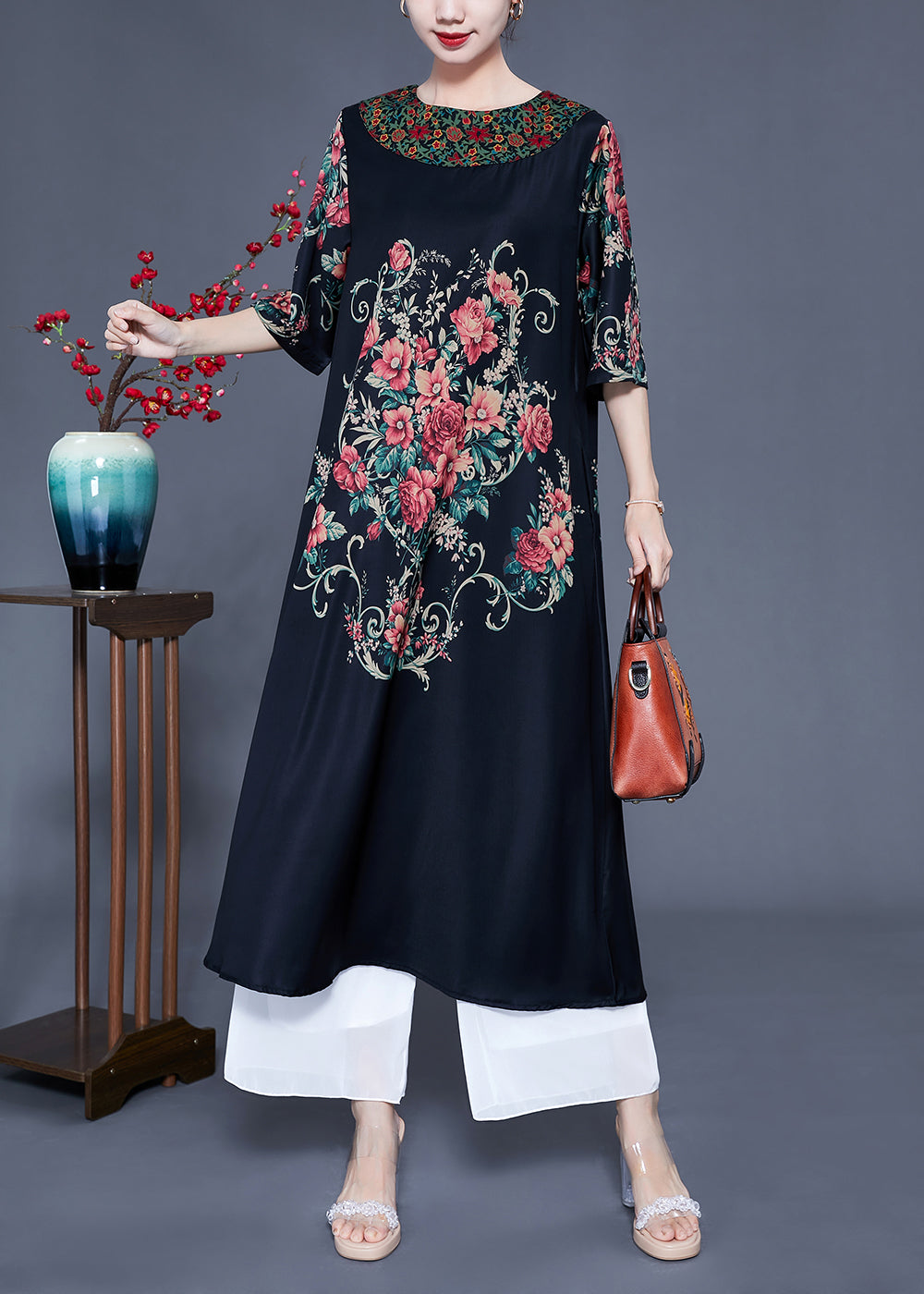 Beautiful Black O-Neck Print Silk Holiday Dress Half Sleeve LY0933 - fabuloryshop