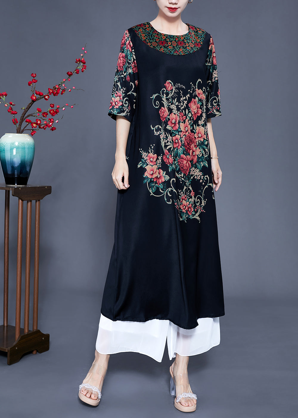 Beautiful Black O-Neck Print Silk Holiday Dress Half Sleeve LY0933 - fabuloryshop