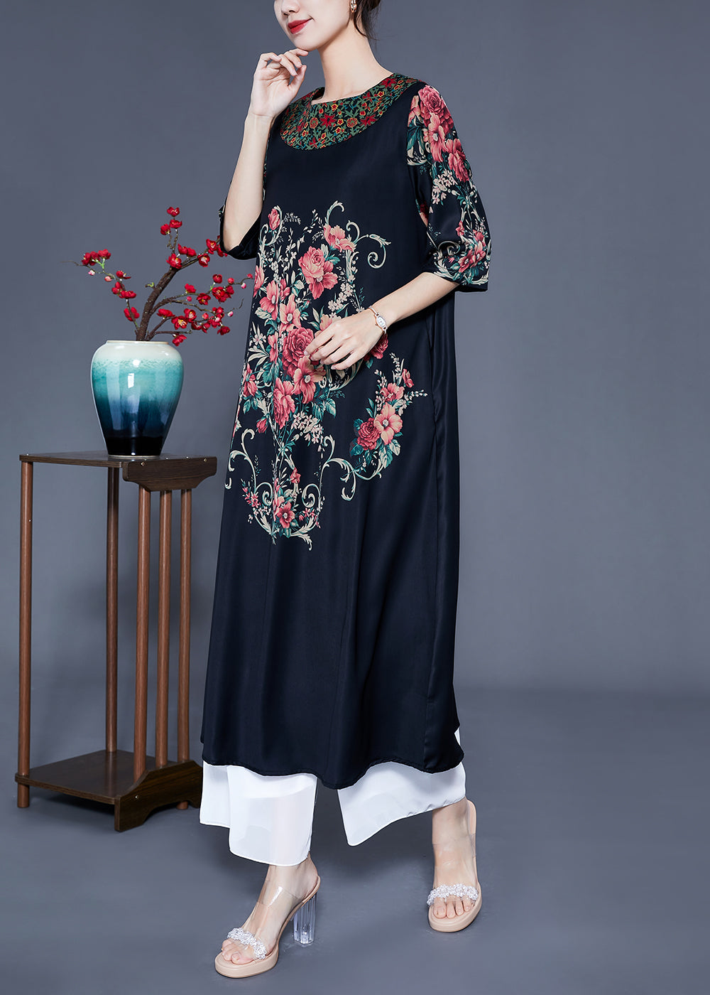 Beautiful Black O-Neck Print Silk Holiday Dress Half Sleeve LY0933 - fabuloryshop