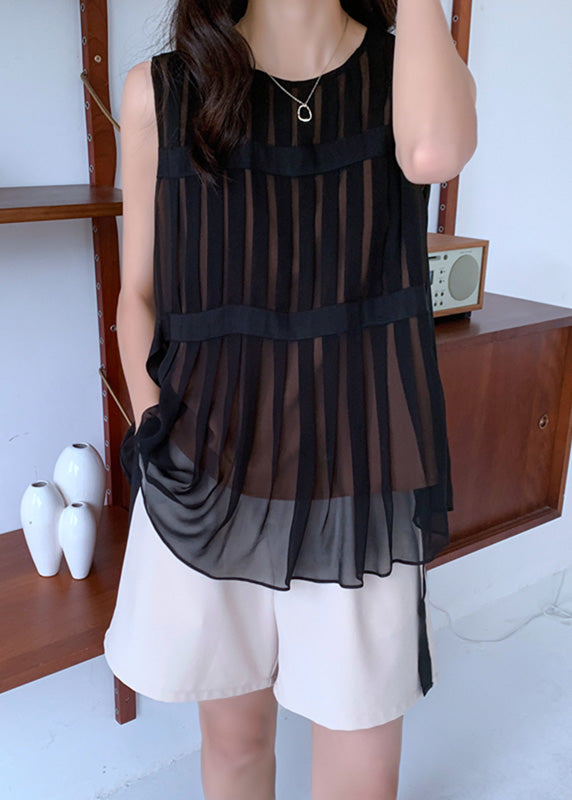 Beautiful Black O-Neck Tie Waist Chiffon Top Summer LY0392 - fabuloryshop