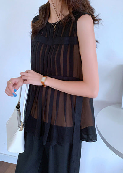 Beautiful Black O-Neck Tie Waist Chiffon Top Summer LY0392 - fabuloryshop