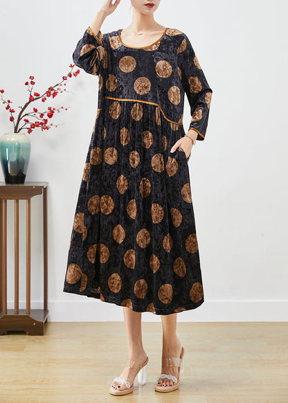 Beautiful Black Oversized Print Silk Velour Long Dress Fall Ada Fashion