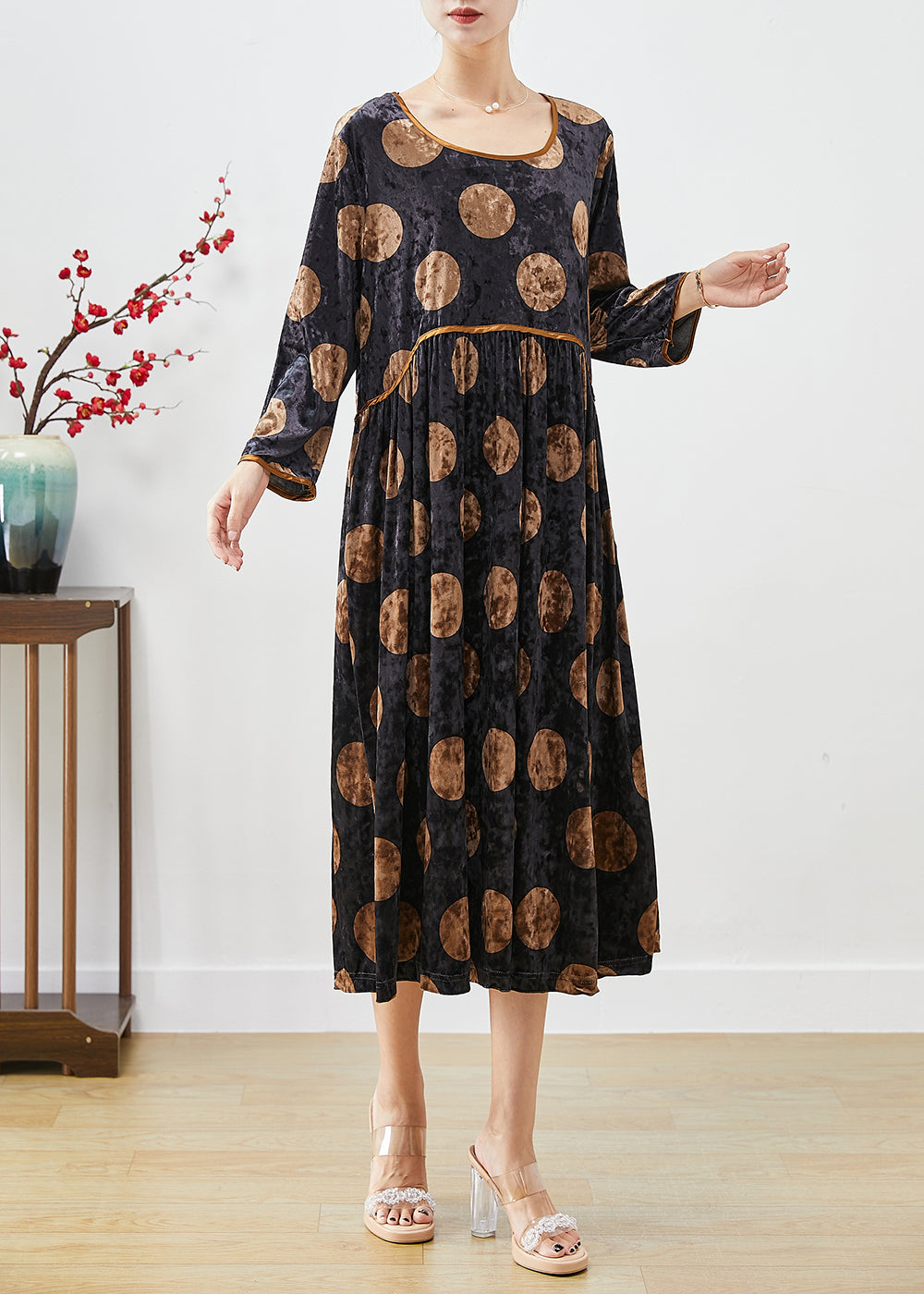 Beautiful Black Oversized Print Silk Velour Long Dress Fall Ada Fashion