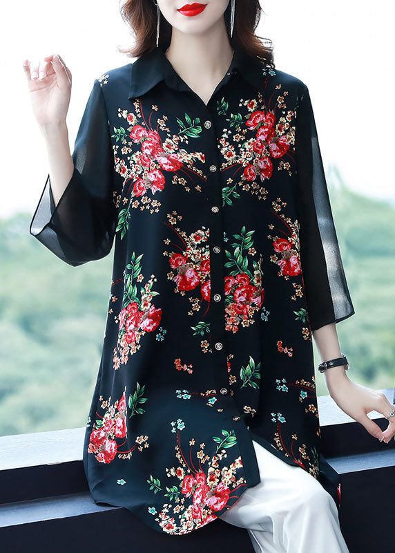 Beautiful Black Peter Pan Collar Print Patchwork Chiffon Shirts Bracelet Sleeve TF1032 - fabuloryshop