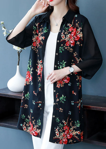 Beautiful Black Peter Pan Collar Print Patchwork Chiffon Shirts Bracelet Sleeve TF1032 - fabuloryshop