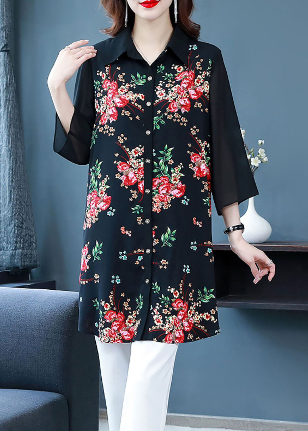 Beautiful Black Peter Pan Collar Print Patchwork Chiffon Shirts Bracelet Sleeve TF1032 - fabuloryshop