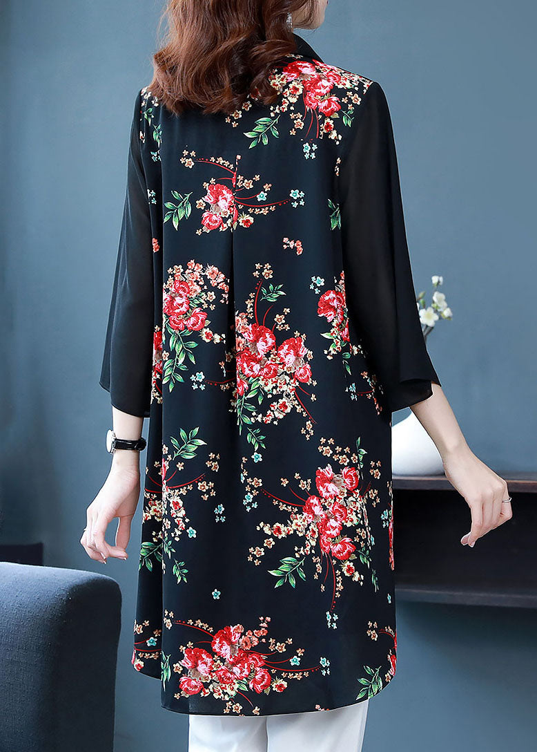 Beautiful Black Peter Pan Collar Print Patchwork Chiffon Shirts Bracelet Sleeve TF1032 - fabuloryshop