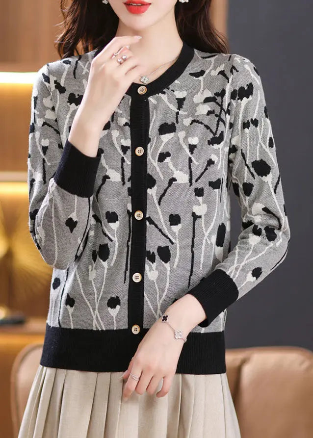 Beautiful Black Print Patchwork Knit Cardigan Long Sleeve Ada Fashion