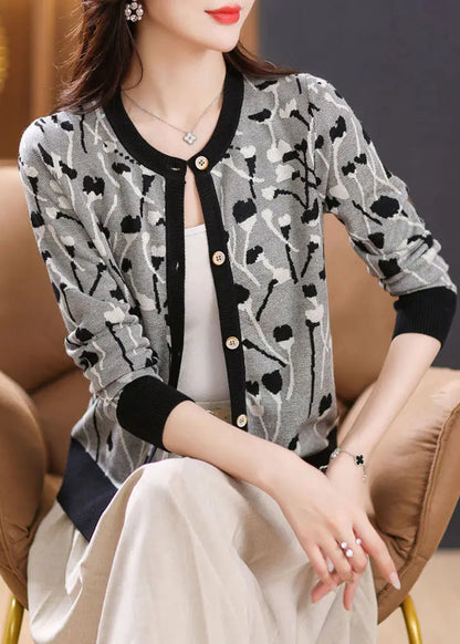 Beautiful Black Print Patchwork Knit Cardigan Long Sleeve Ada Fashion