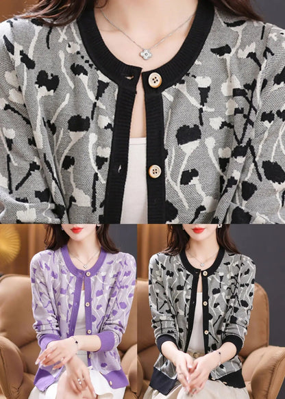 Beautiful Black Print Patchwork Knit Cardigan Long Sleeve Ada Fashion