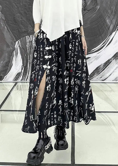 Beautiful Black Print Side Open Wrinkled Patchwork Cotton Skirts Summer Ada Fashion