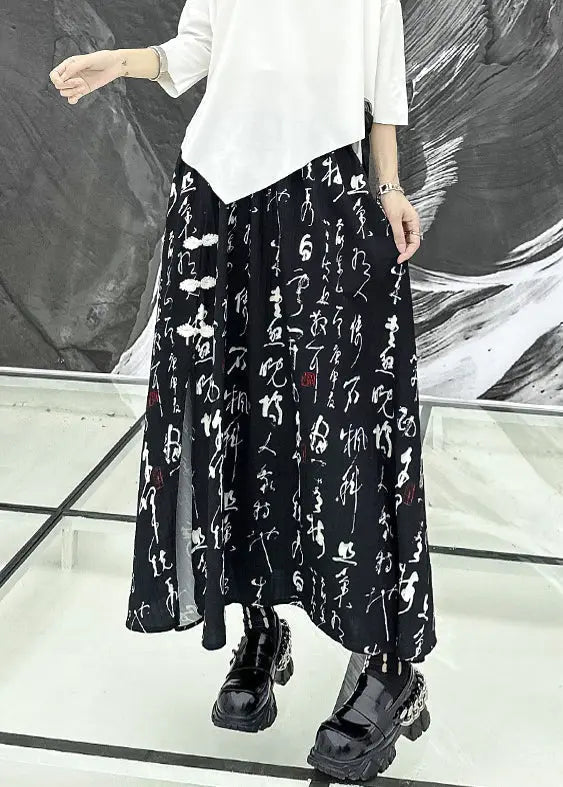 Beautiful Black Print Side Open Wrinkled Patchwork Cotton Skirts Summer Ada Fashion