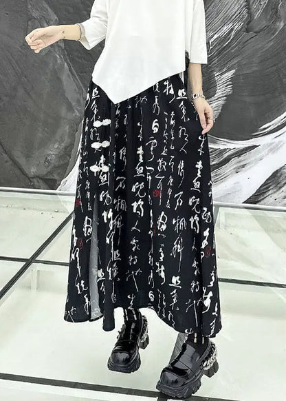 Beautiful Black Print Side Open Wrinkled Patchwork Cotton Skirts Summer Ada Fashion