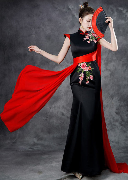 Beautiful Black Red Stand Collar Embroideried Ribbon Silk Maxi Fishtail Dresses Summer Ada Fashion