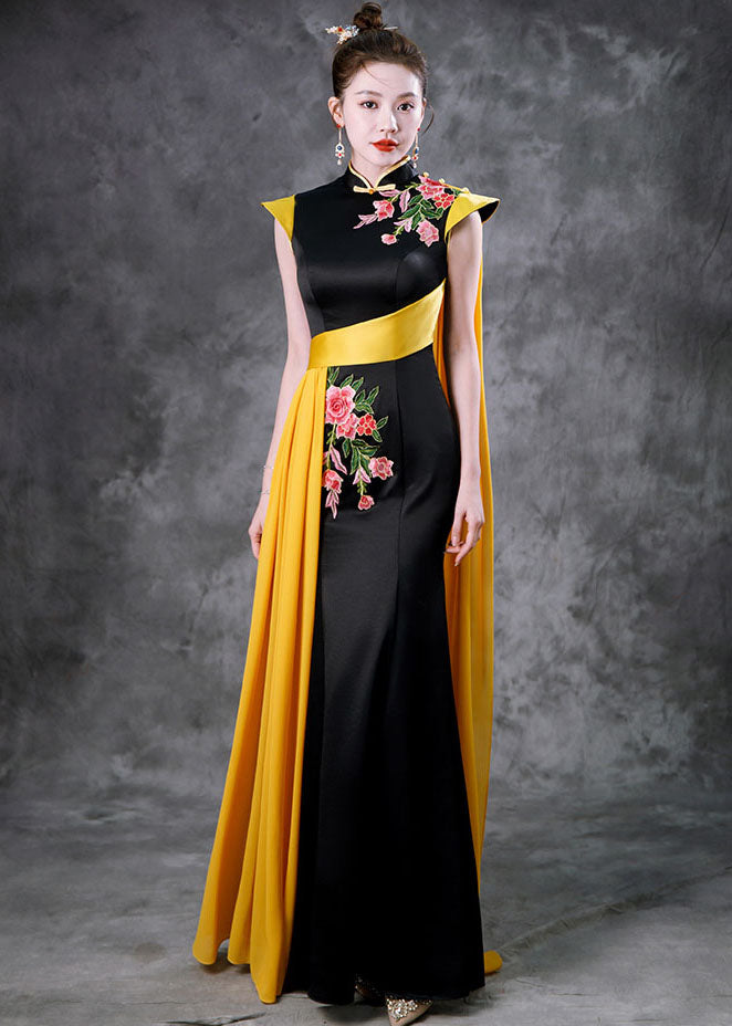 Beautiful Black Red Stand Collar Embroideried Ribbon Silk Maxi Fishtail Dresses Summer Ada Fashion