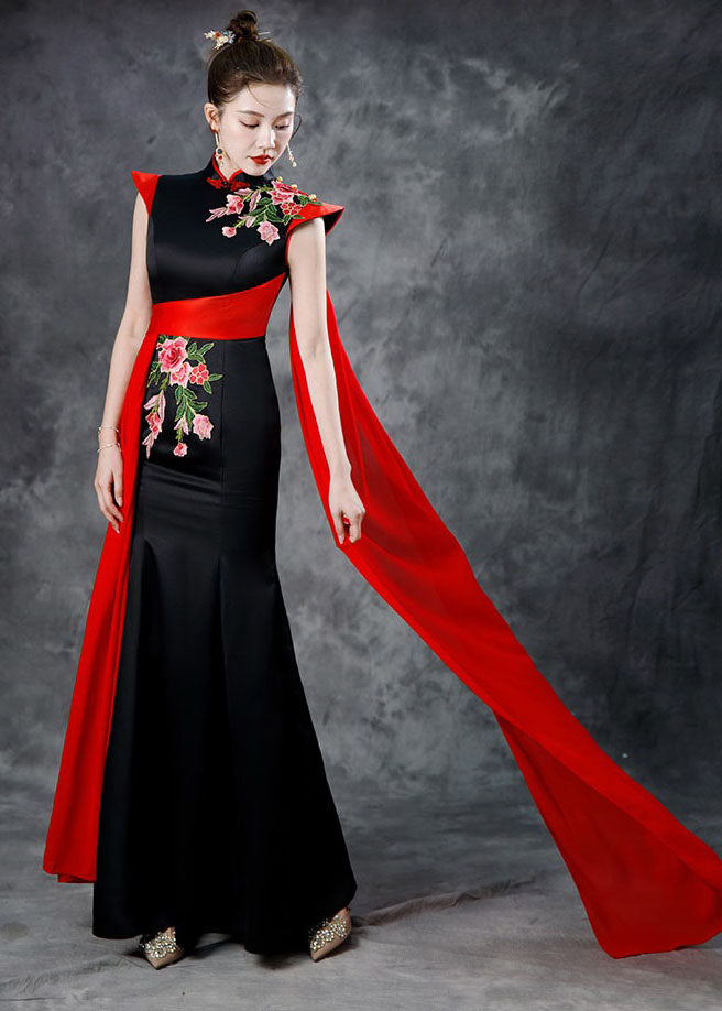 Beautiful Black Red Stand Collar Embroideried Ribbon Silk Maxi Fishtail Dresses Summer Ada Fashion