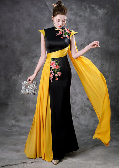 Beautiful Black Red Stand Collar Embroideried Ribbon Silk Maxi Fishtail Dresses Summer Ada Fashion