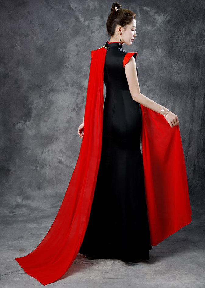 Beautiful Black Red Stand Collar Embroideried Ribbon Silk Maxi Fishtail Dresses Summer Ada Fashion