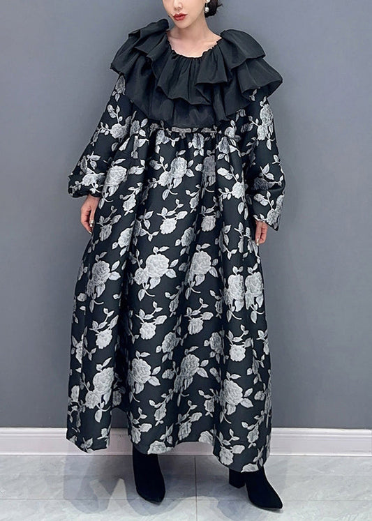 Beautiful Black Ruffled Print Patchwork Cotton Long Dress Fall Ada Fashion