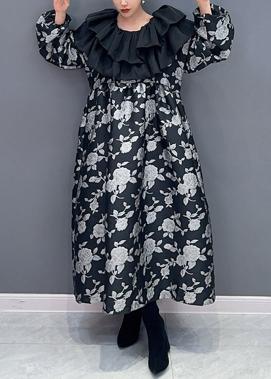 Beautiful Black Ruffled Print Patchwork Cotton Long Dress Fall Ada Fashion