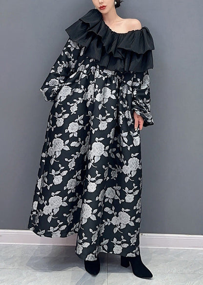 Beautiful Black Ruffled Print Patchwork Cotton Long Dress Fall Ada Fashion