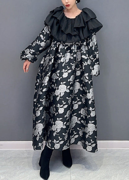 Beautiful Black Ruffled Print Patchwork Cotton Long Dress Fall Ada Fashion