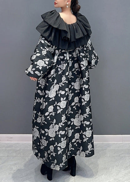 Beautiful Black Ruffled Print Patchwork Cotton Long Dress Fall Ada Fashion