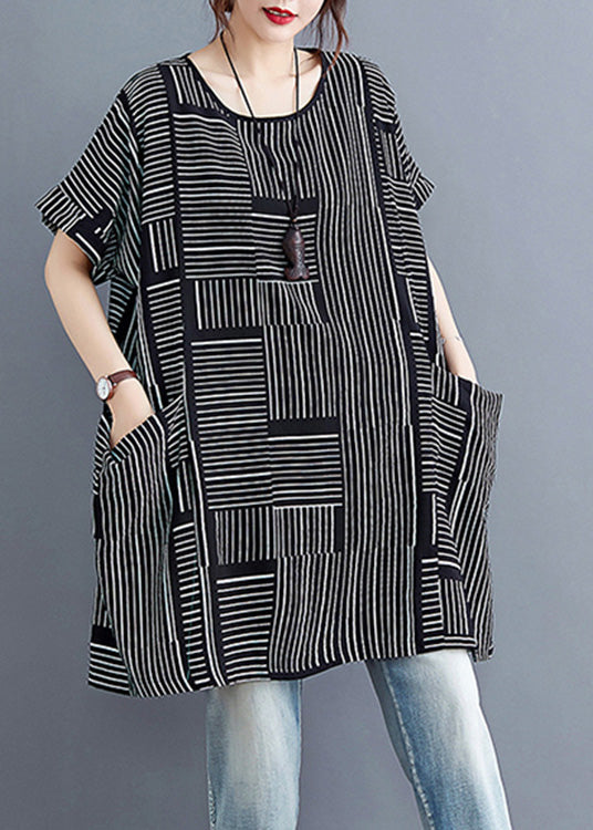 Beautiful Black Striped PatchworkLinen T Shirt Short Sleeve LY6021 - fabuloryshop