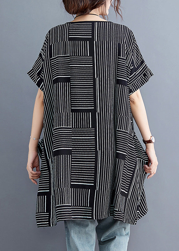 Beautiful Black Striped PatchworkLinen T Shirt Short Sleeve LY6021 - fabuloryshop