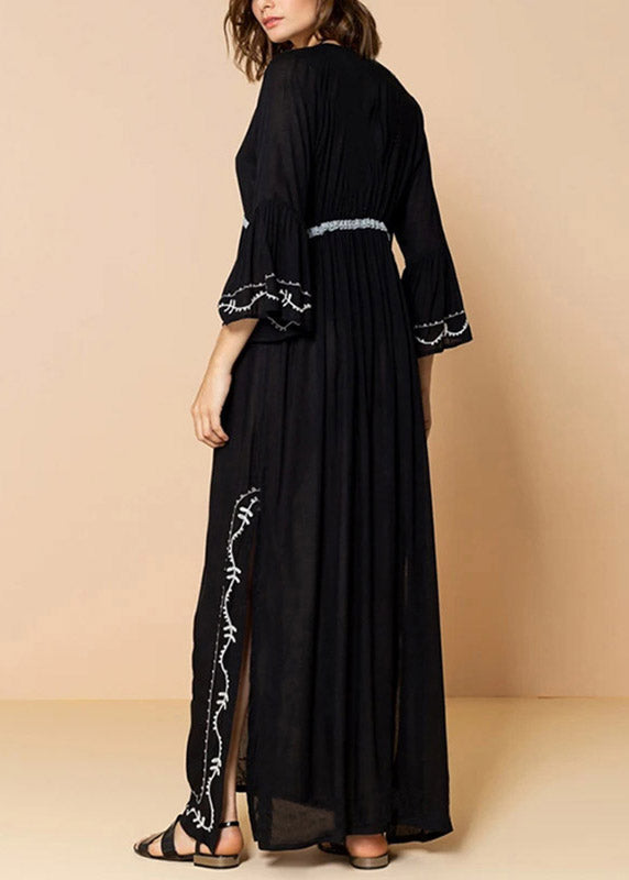 Beautiful Black V Neck Embroider Tie Waist Side Open Holiday Long Smock Long Sleeve LY3038 - fabuloryshop