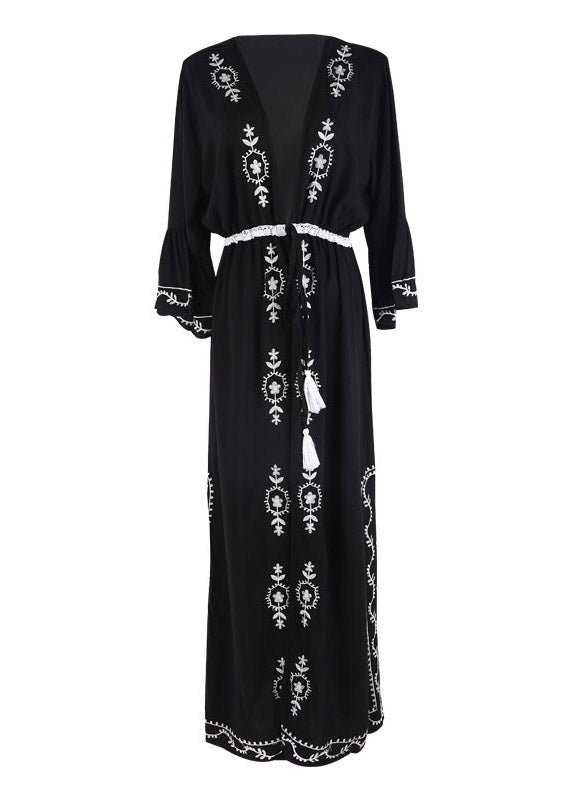 Beautiful Black V Neck Embroider Tie Waist Side Open Holiday Long Smock Long Sleeve LY3038 - fabuloryshop