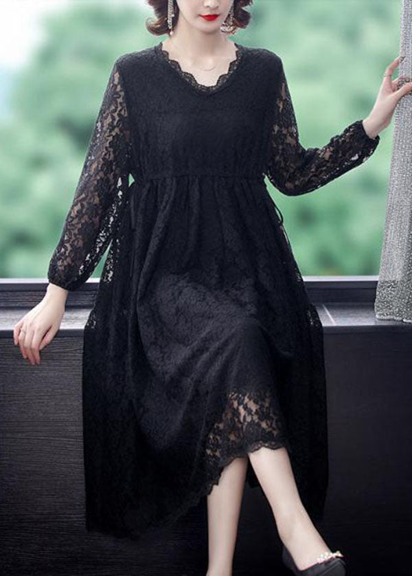 Beautiful Black V Neck Hollow Out Exra Large Hem Lace Maxi Dresses Spring LY0507