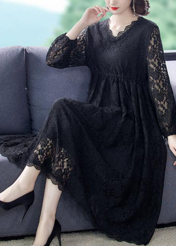 Beautiful Black V Neck Hollow Out Exra Large Hem Lace Maxi Dresses Spring LY0507