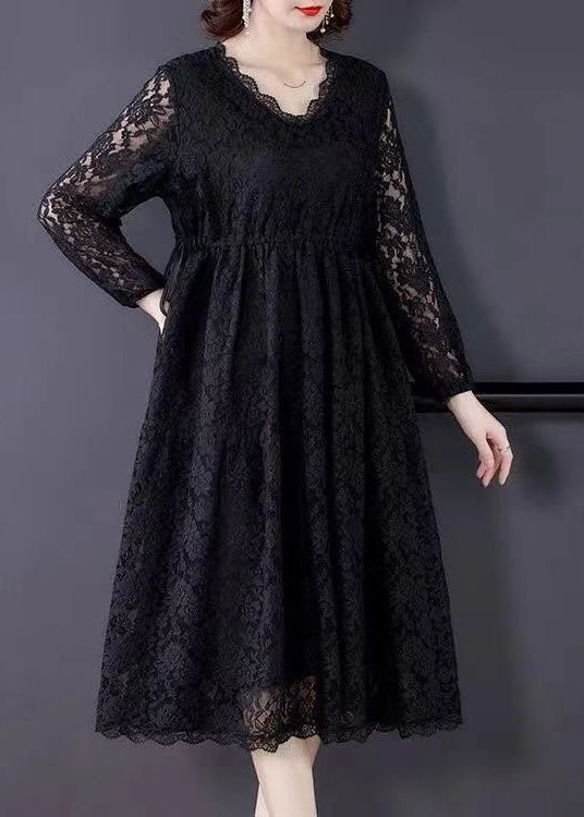 Beautiful Black V Neck Hollow Out Exra Large Hem Lace Maxi Dresses Spring LY0508 - fabuloryshop