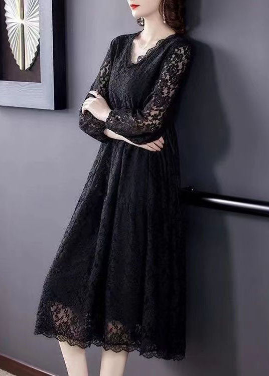 Beautiful Black V Neck Hollow Out Exra Large Hem Lace Maxi Dresses Spring LY0508 - fabuloryshop