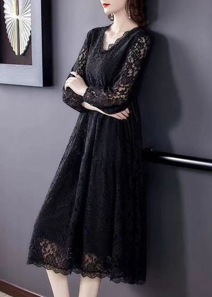 Beautiful Black V Neck Hollow Out Exra Large Hem Lace Maxi Dresses Spring LY0507 - fabuloryshop