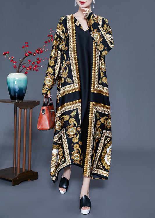 Beautiful Black V Neck Oversized Print Silk Ankle Dress Spring LY0938 - fabuloryshop