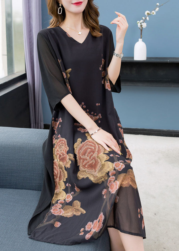 Beautiful Black V Neck Print Patchwork Chiffon Dress Summer Ada Fashion