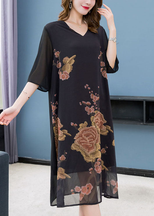 Beautiful Black V Neck Print Patchwork Chiffon Dress Summer Ada Fashion