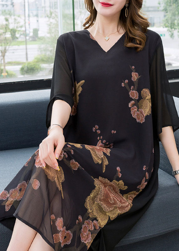 Beautiful Black V Neck Print Patchwork Chiffon Dress Summer Ada Fashion