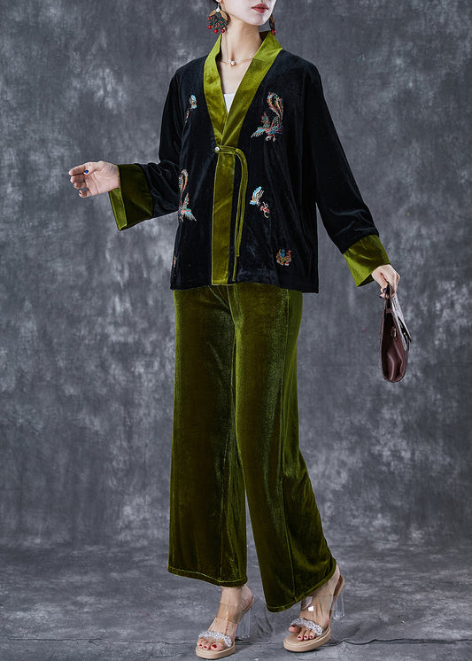 Beautiful Blackish Green Embroideried Patchwork Silk Velour Two Pieces Set Fall Ada Fashion